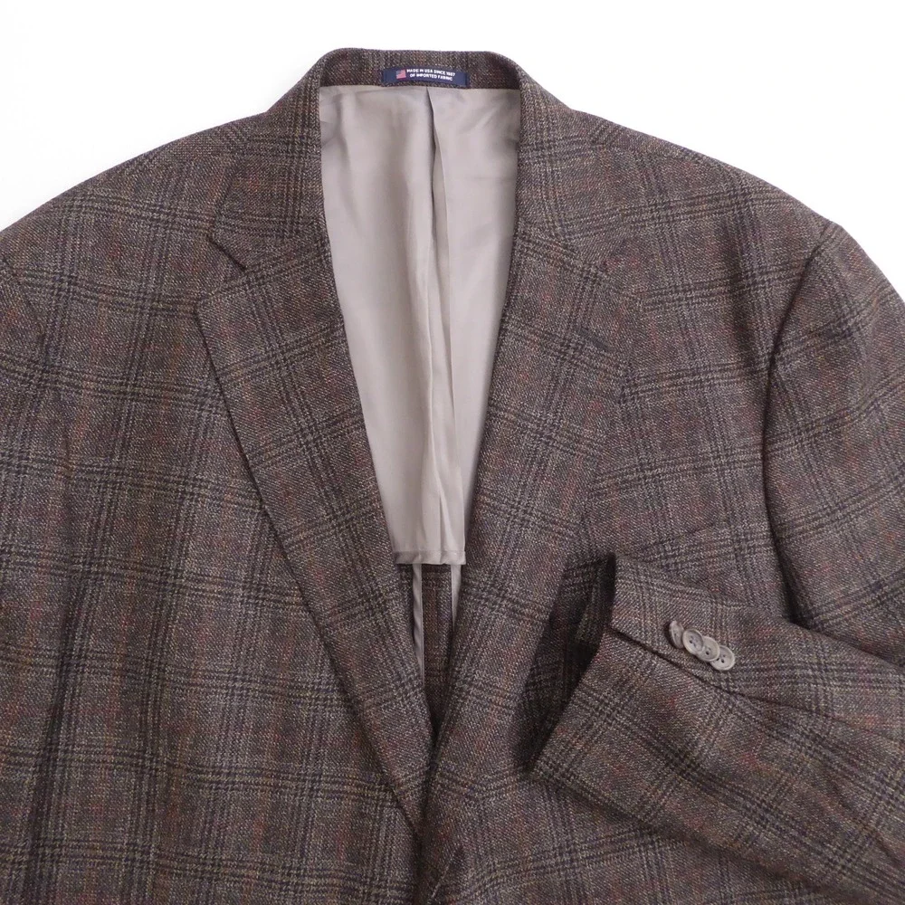 Hart Schaffner Marx Mens Blazer Brown Plaid Wool Two Button Half Lined 48L Long